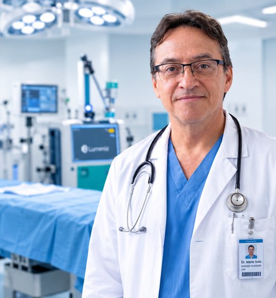 Dr. Mário Soto na sala de cirurgia com a torre de endoscopia