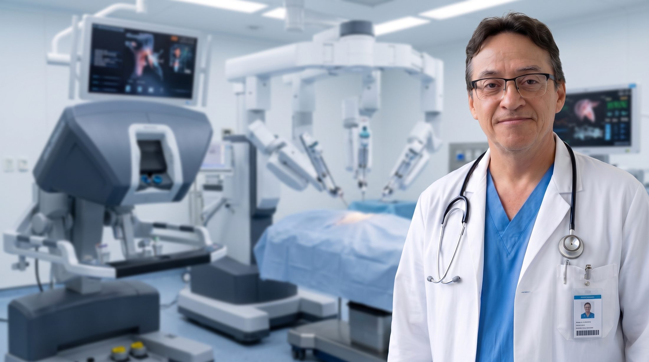 Dr. Mário Soto, urologista, em uma sala de cirurgia robótica